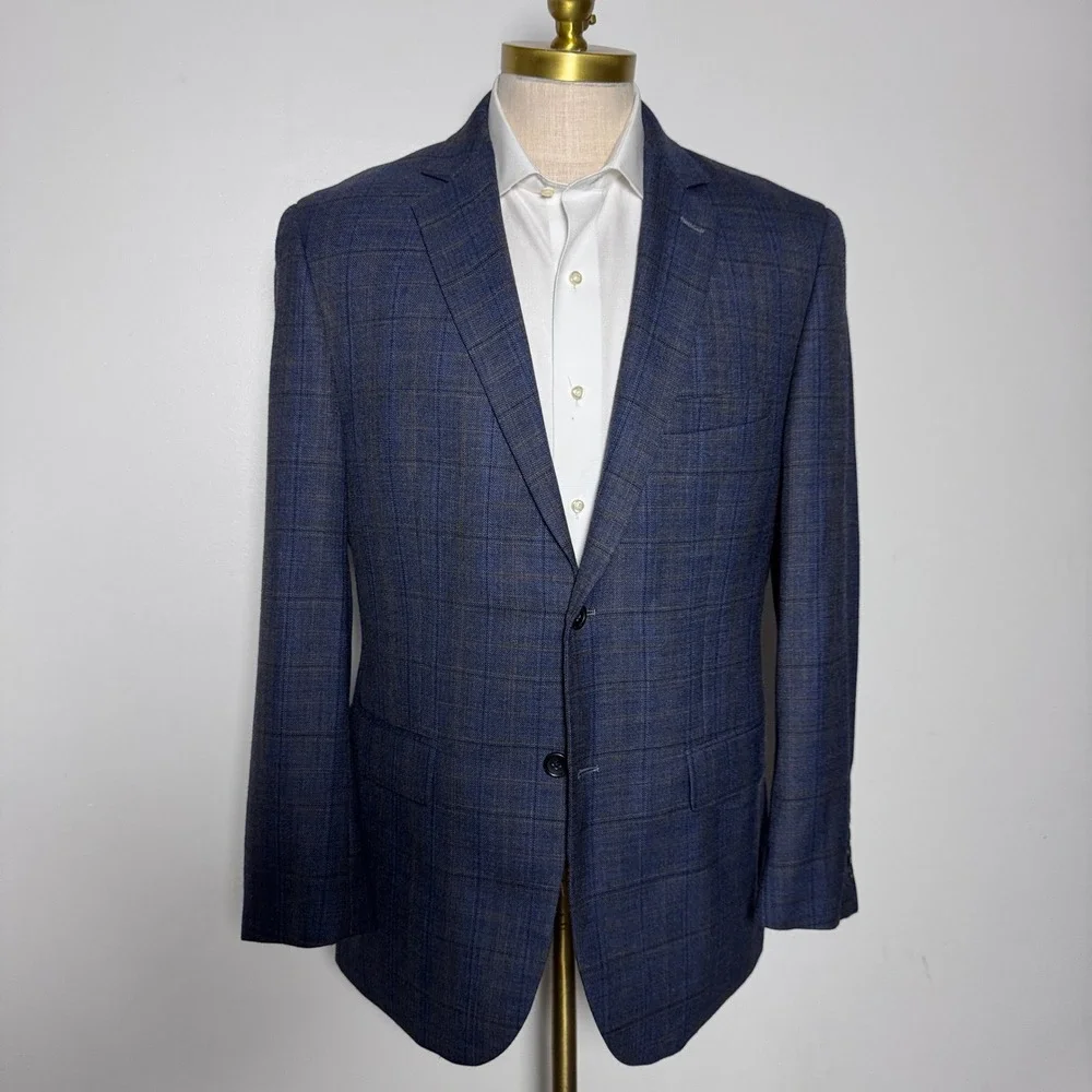 Pronto Uomo Platinum Blazer Mens 42R Blue Plaid Wool Two Button Side Vent Jacket